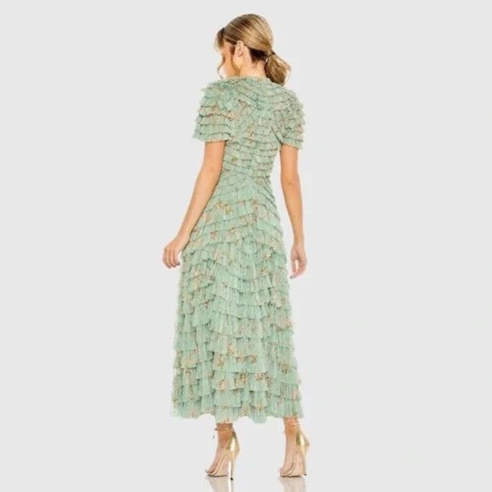 Mac Duggal 8014 Green Floral Mesh‎ Ruffle High Neck Midi Dress NWT $798 - Picture 8 of 9
